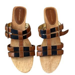 Naturalizer Brown Black Athina Sandals Wooden Slip On Heeled Shoes Size 9W